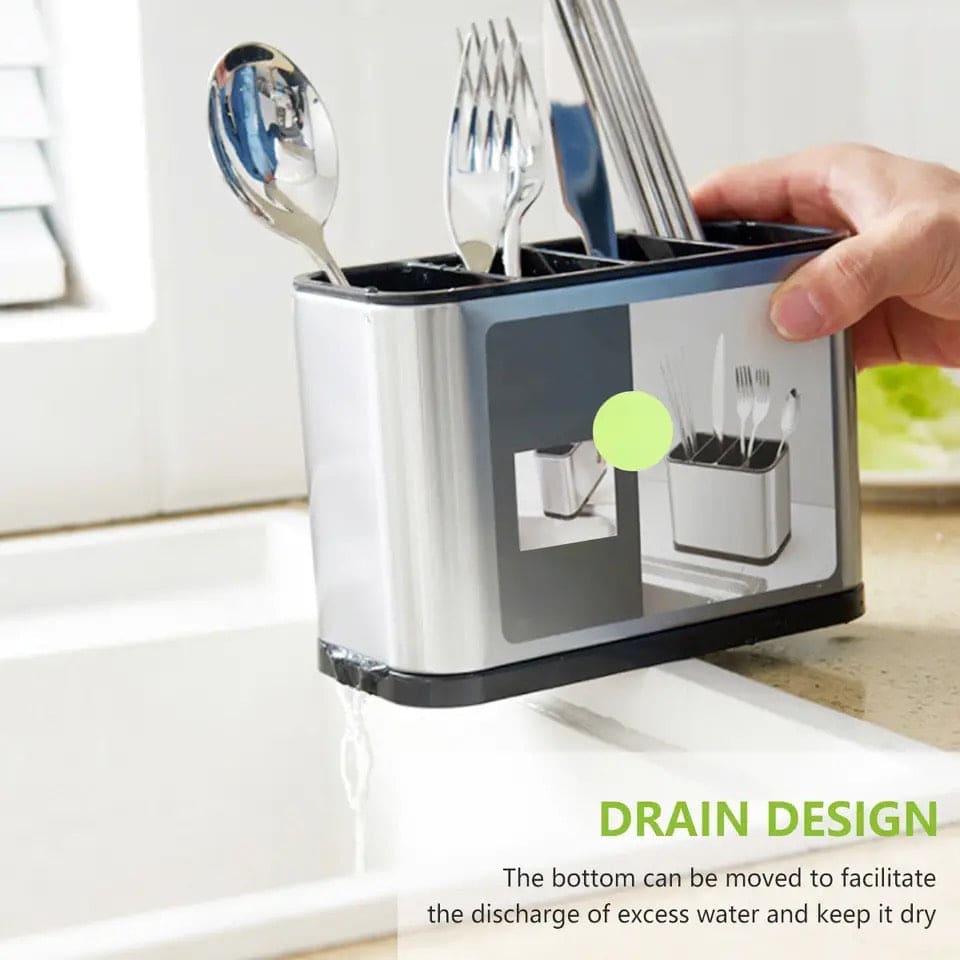 Kitchen Sink Cutlery Holder, Stainless Steel Flatware Organizer, Kitchen Utensils Cutlery Caddy Counter, Multifunctional Kitchen Sink Washing Sponge Storage Rack, Chopstick Cage with Water Outlet Tray