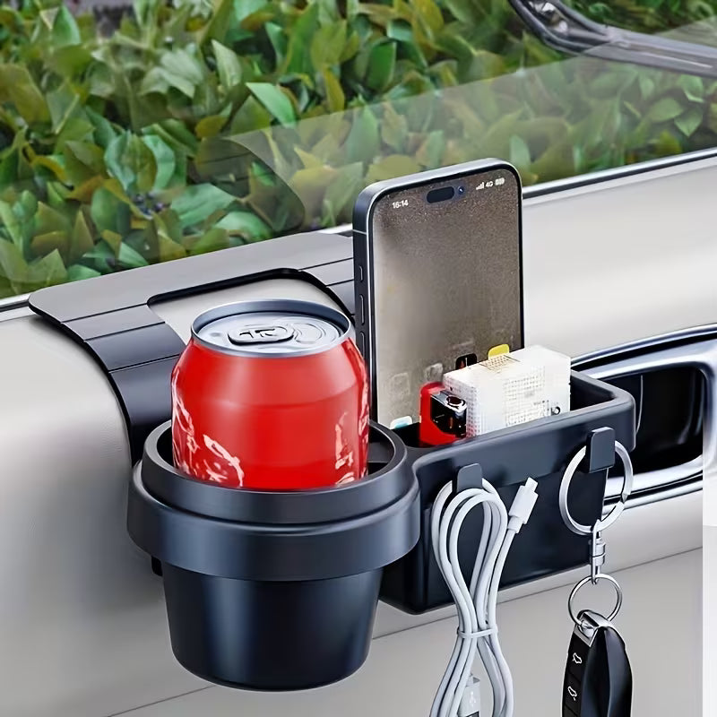 4-in-1 Multipurpose Car Window Mount Organizer Tray with Phone Stand, Cup Holder, Hooks & Storage Box