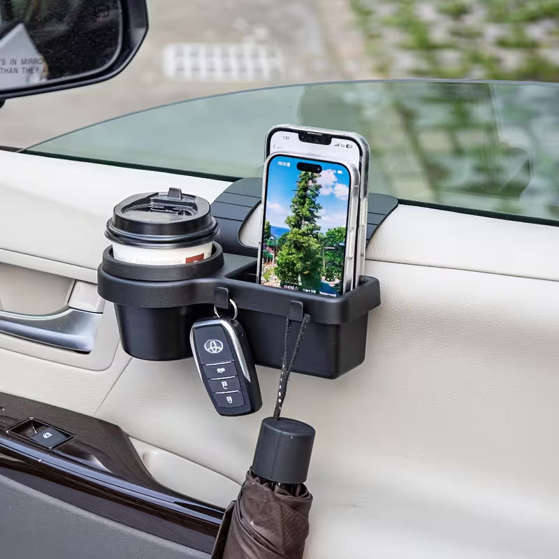 4-in-1 Multipurpose Car Window Mount Organizer Tray with Phone Stand, Cup Holder, Hooks & Storage Box