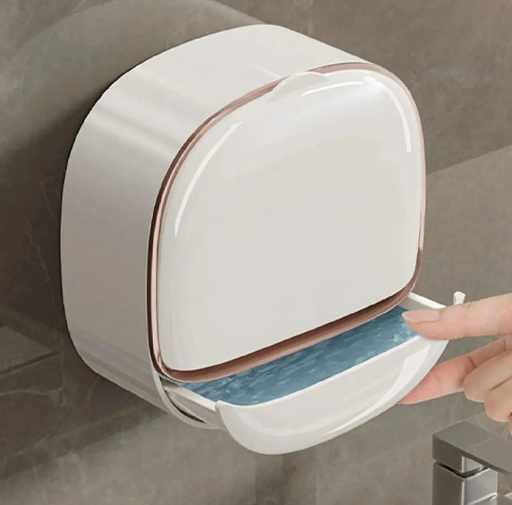 Wall Mounted Soap Holder with Lid and Tray (Comes with Free Self Adhesive Wall Hook)