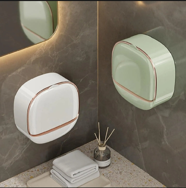 Wall Mounted Soap Holder with Lid and Tray (Comes with Free Self Adhesive Wall Hook)