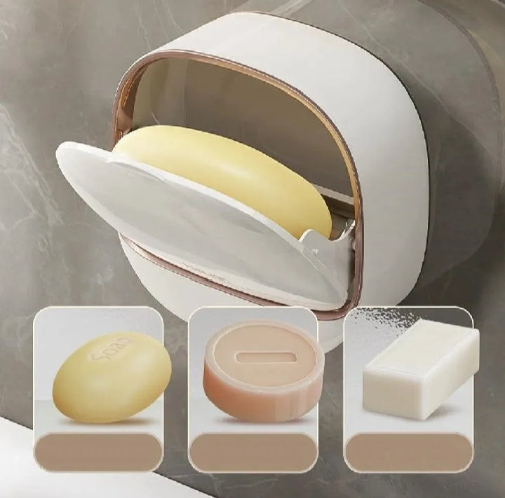 Wall Mounted Soap Holder with Lid and Tray (Comes with Free Self Adhesive Wall Hook)