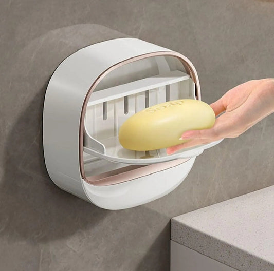 Wall Mounted Soap Holder with Lid and Tray (Comes with Free Self Adhesive Wall Hook)