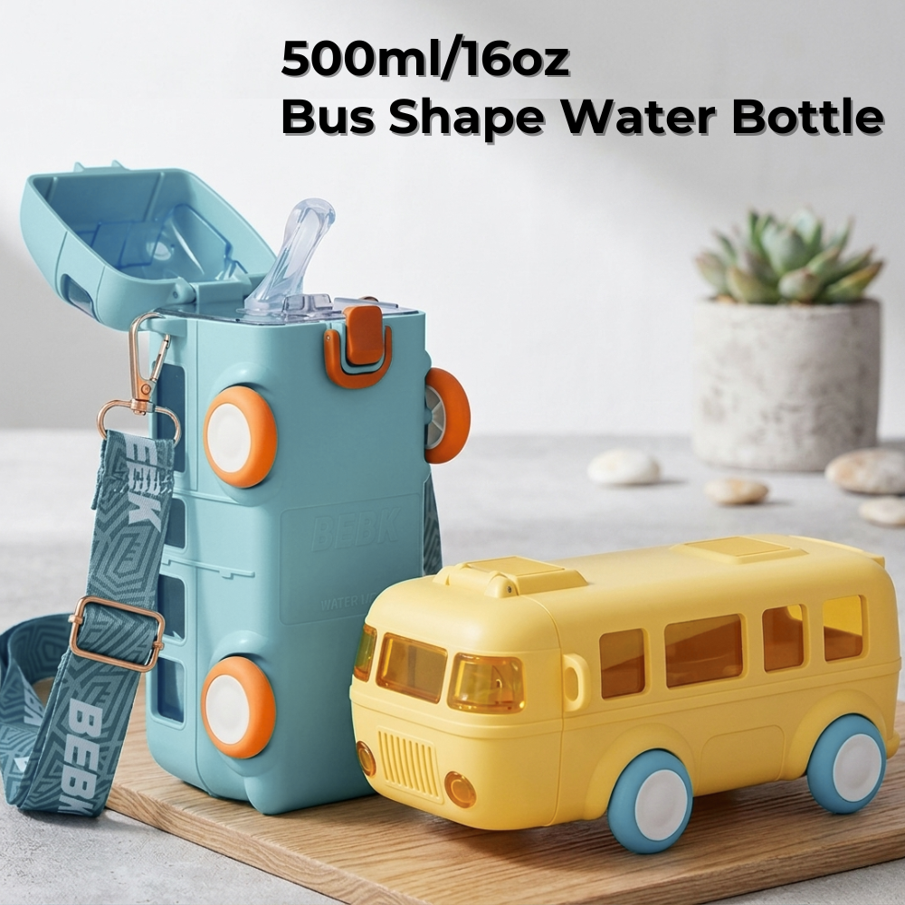 Bus Shape Water Bottle With Straw for Kids (500ml)